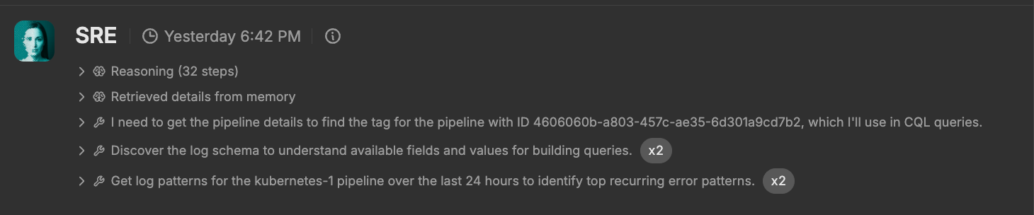 AI SRE Teammate reasoning over 32 steps, retrieving pipeline details, discovering log schema, and pulling log patterns