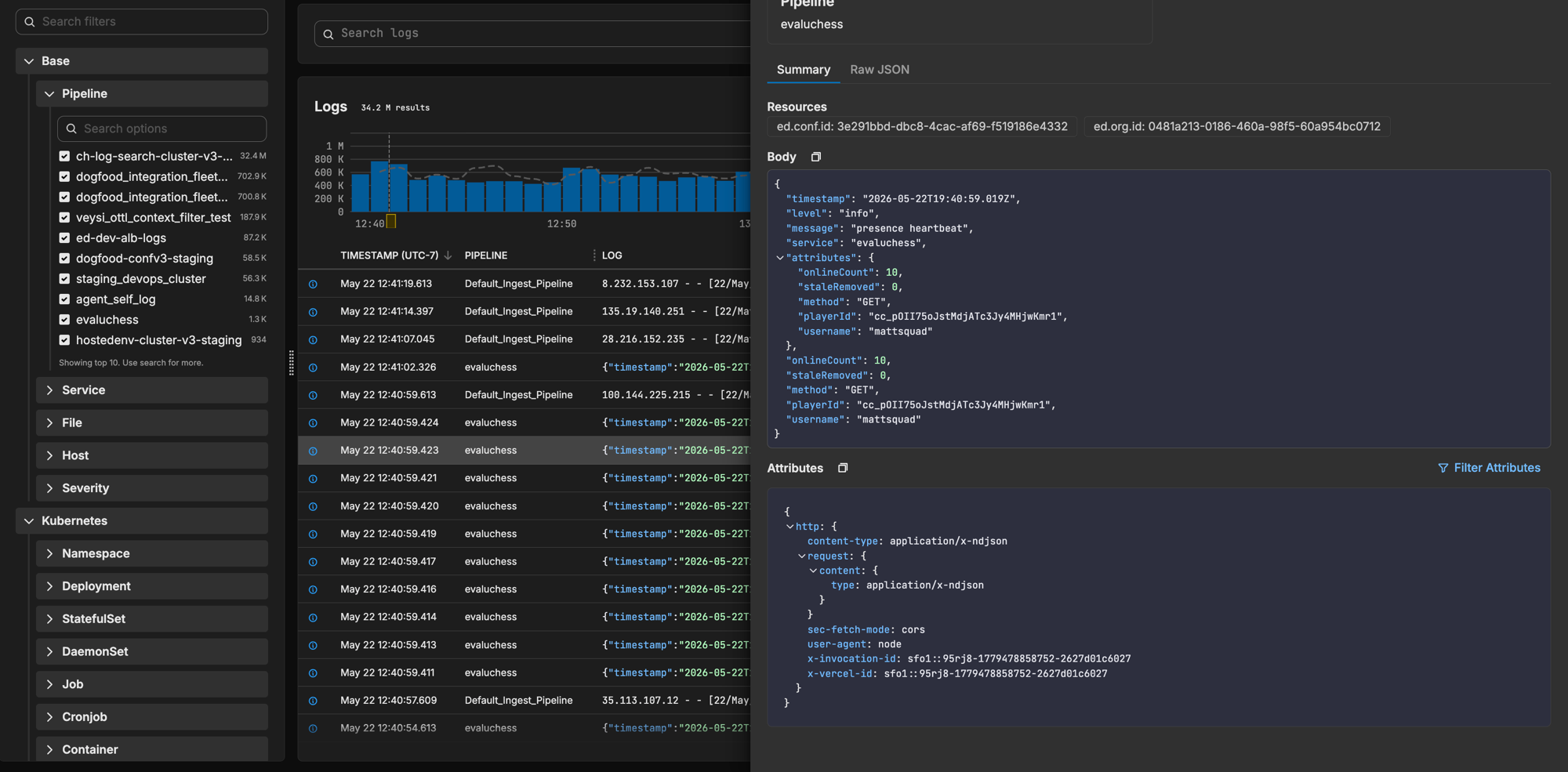 Edge Delta log search and explore interface with filters, timeline, log results, and a detail panel