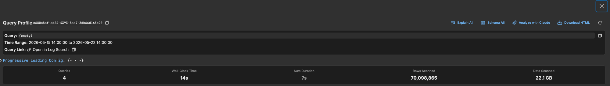 Query profile panel: 4 queries, 14 second wall-clock time, 70 million rows scanned, 22.1 GB data scanned