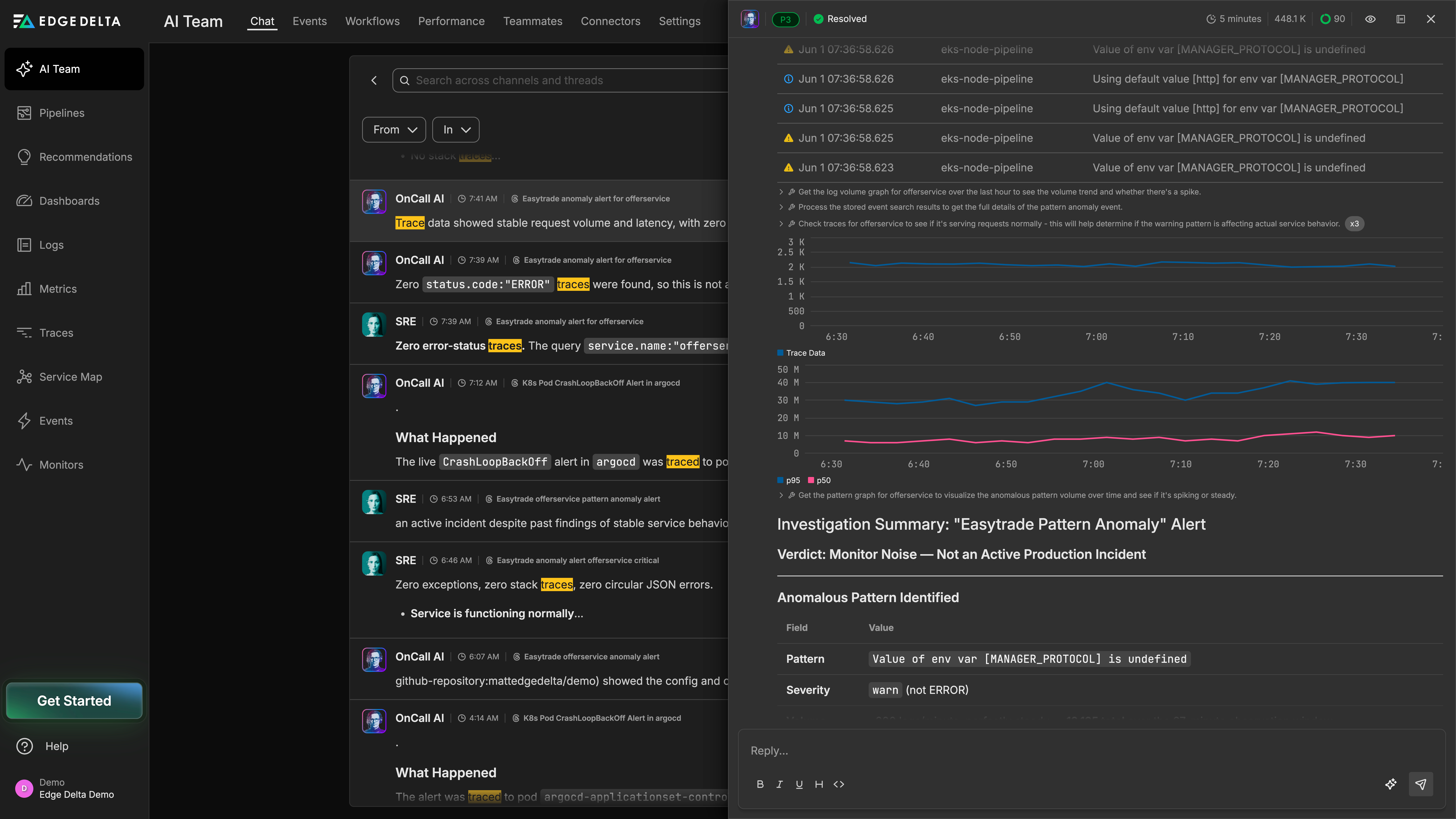 AI SRE Teammate checking traces for offerservice, correlating trace volume and latency with log patterns to rule out a false alarm