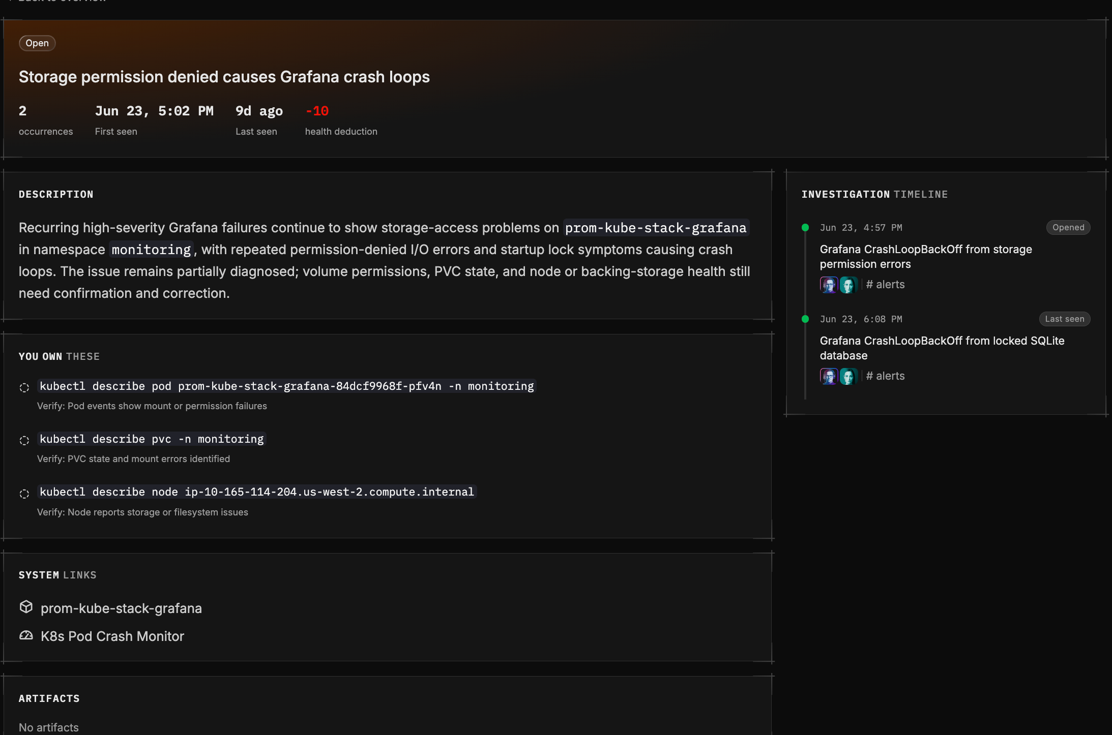 Issue detail page showing description, human actions, AI actions pending approval, and investigation timeline