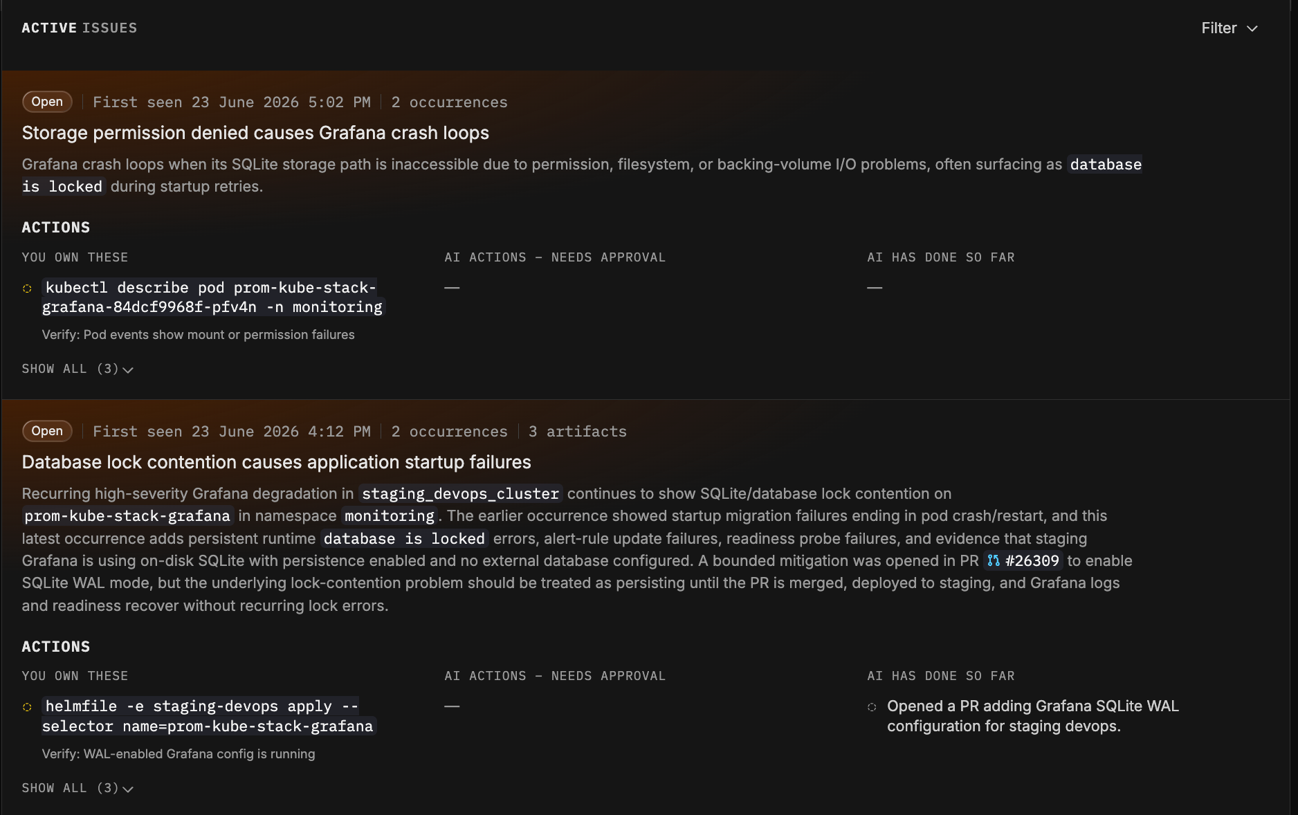 Active Issues list showing correlated problems with occurrence counts, AI actions, and human action items
