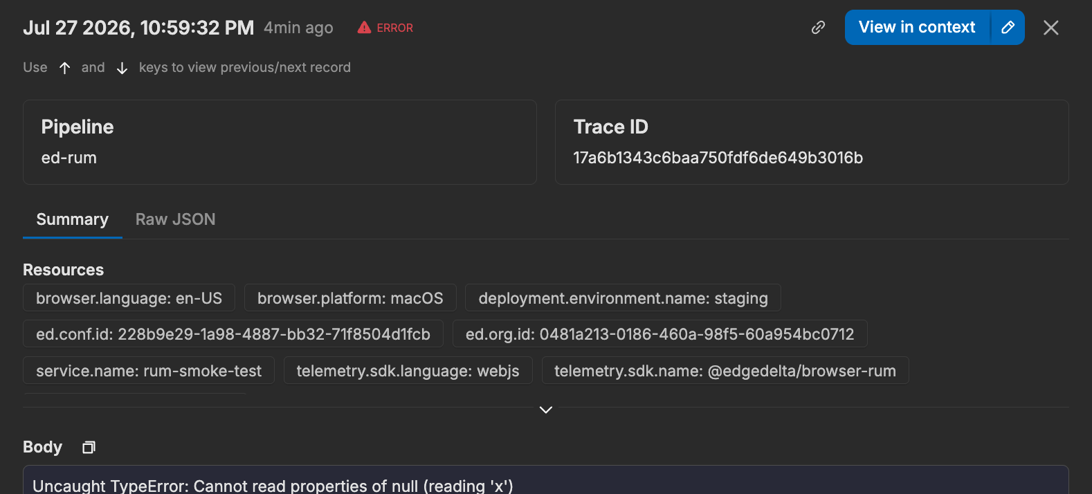 An error log record carrying the RUM trace id and browser resource attributes