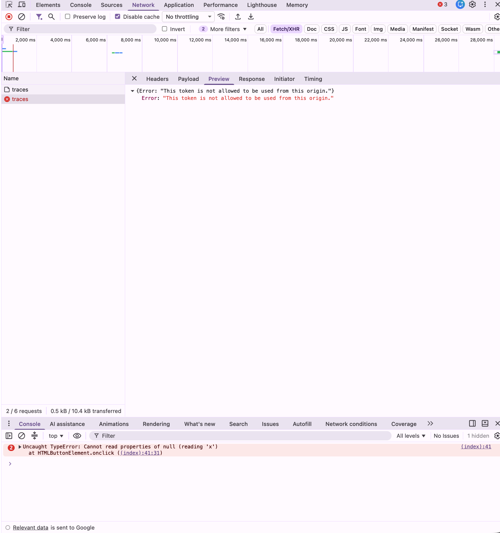 The ingestion endpoint rejecting a request from an origin outside the token's allowlist