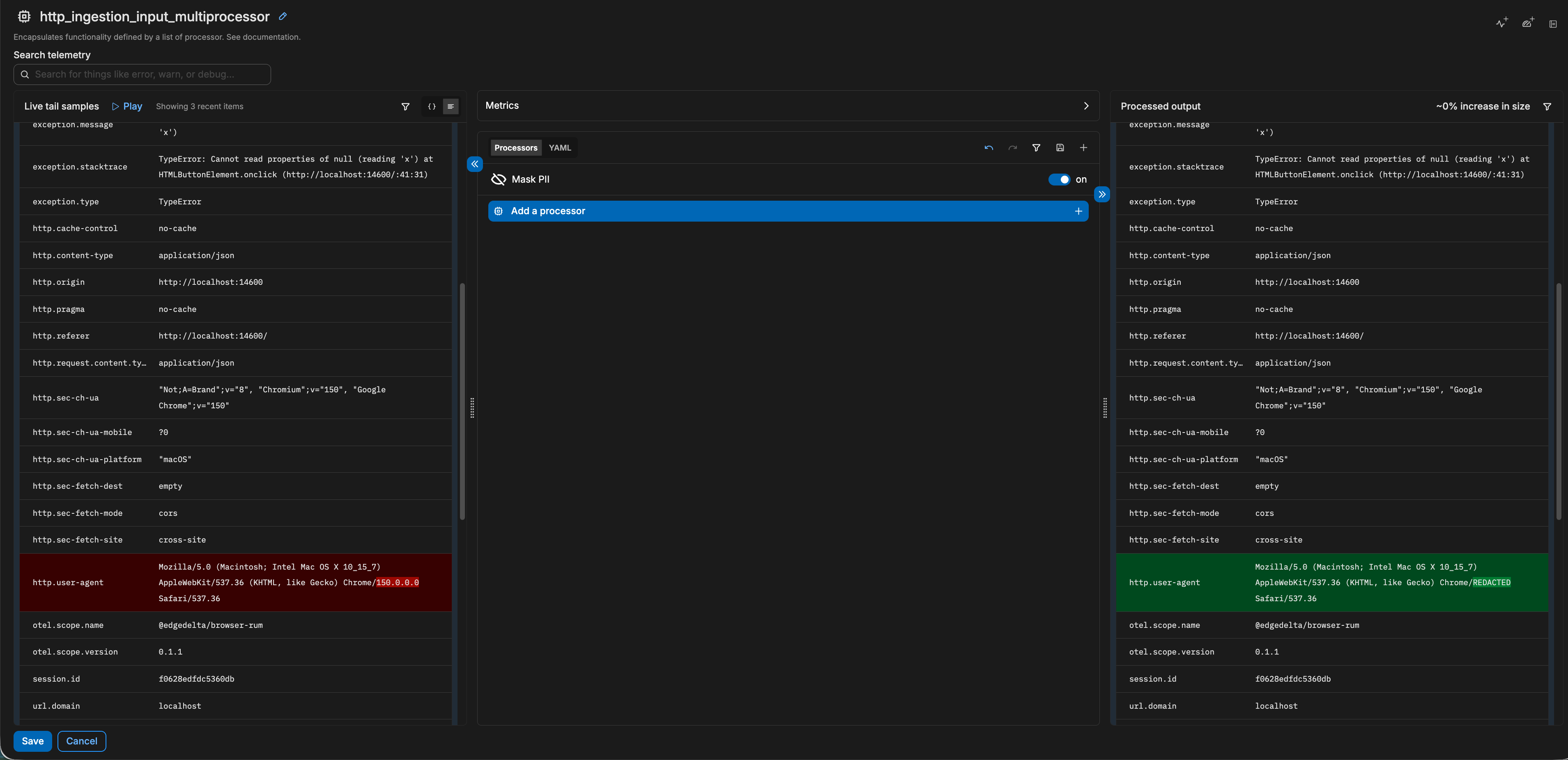 RUM attributes arriving through the ingestion pipeline, with Mask PII redacting the user agent