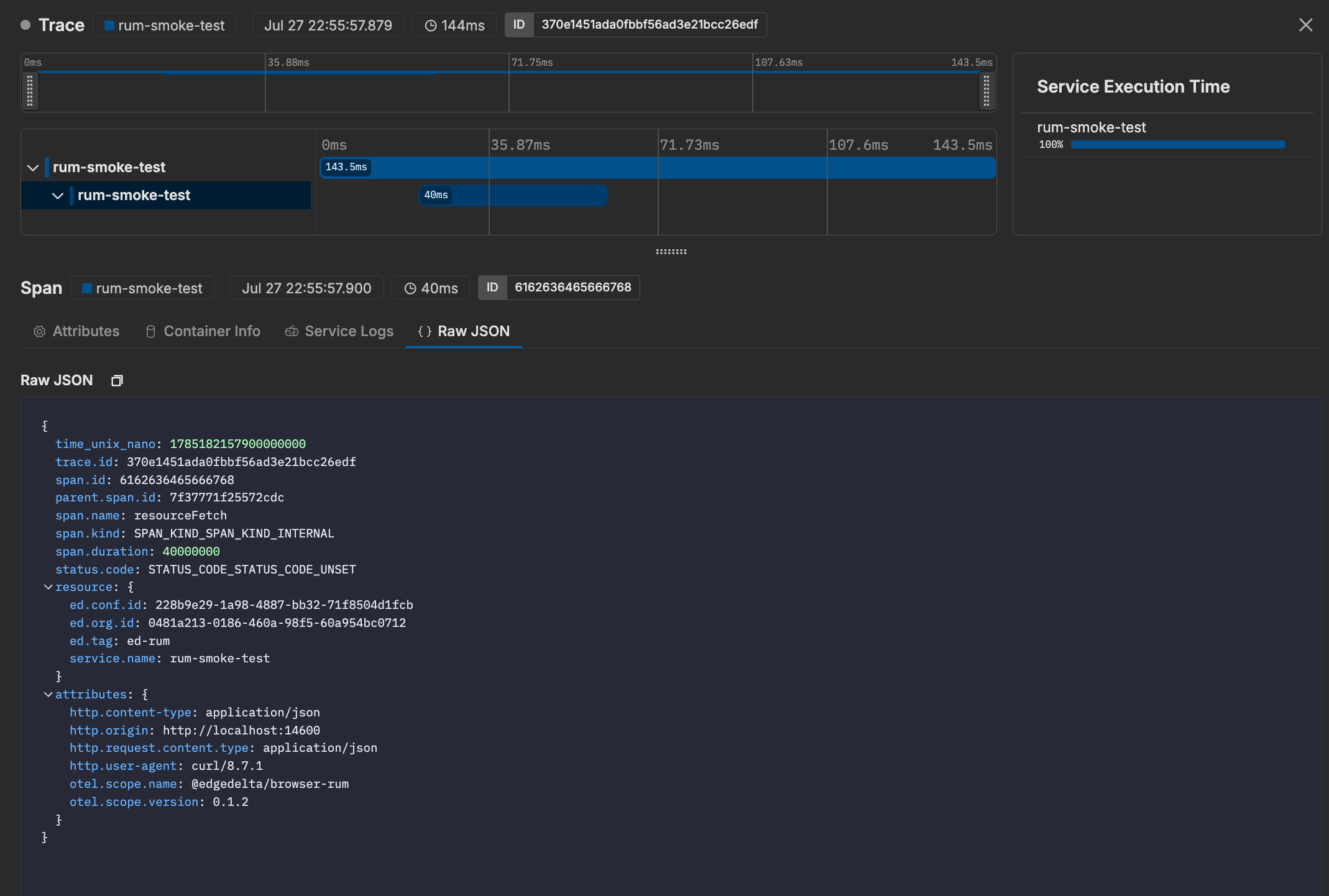 A RUM trace in the Traces Explorer, with parent span ids and the raw OTLP JSON