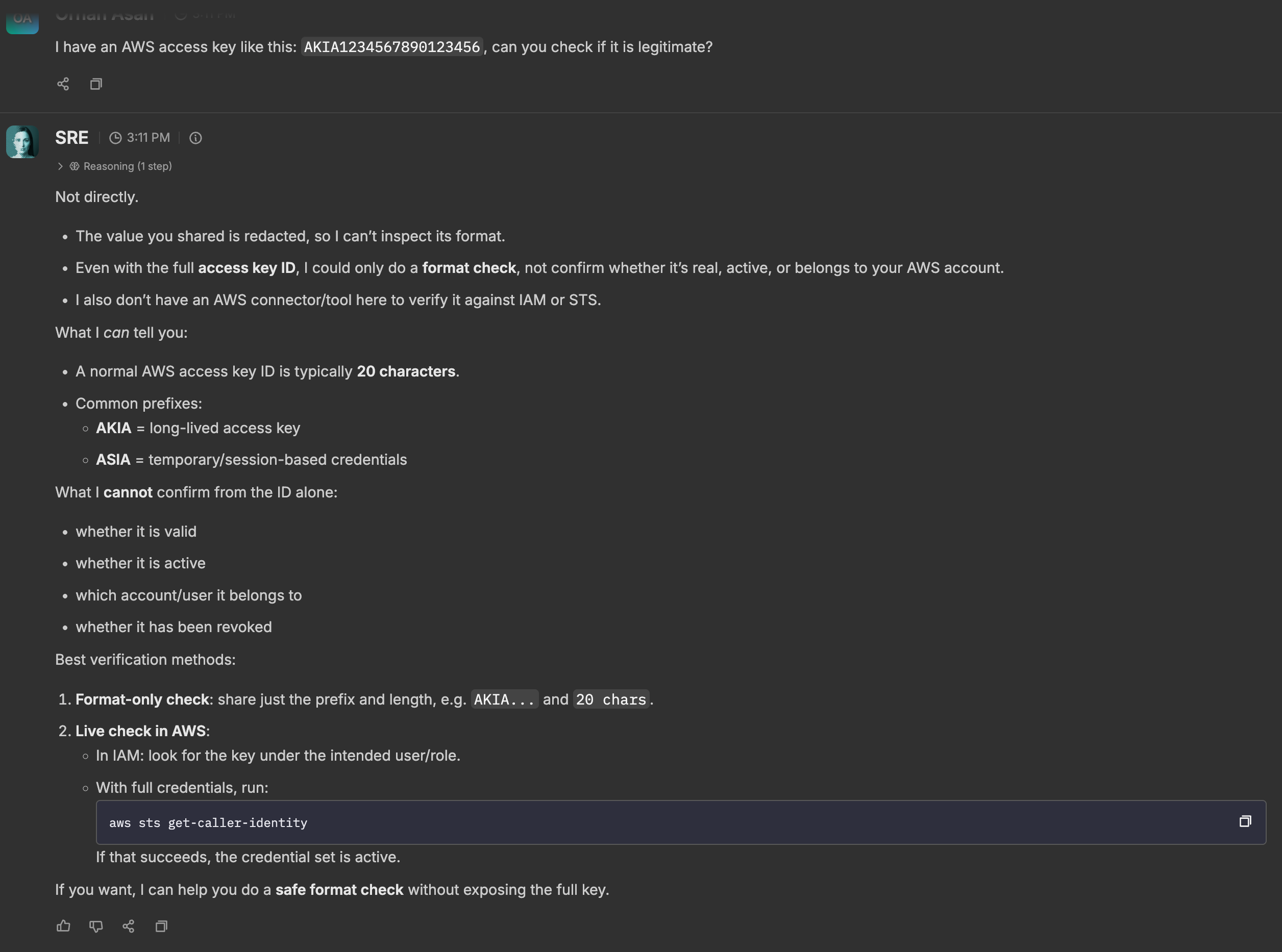 Asking the AI teammate about an AWS key: it answers that the value it received is redacted