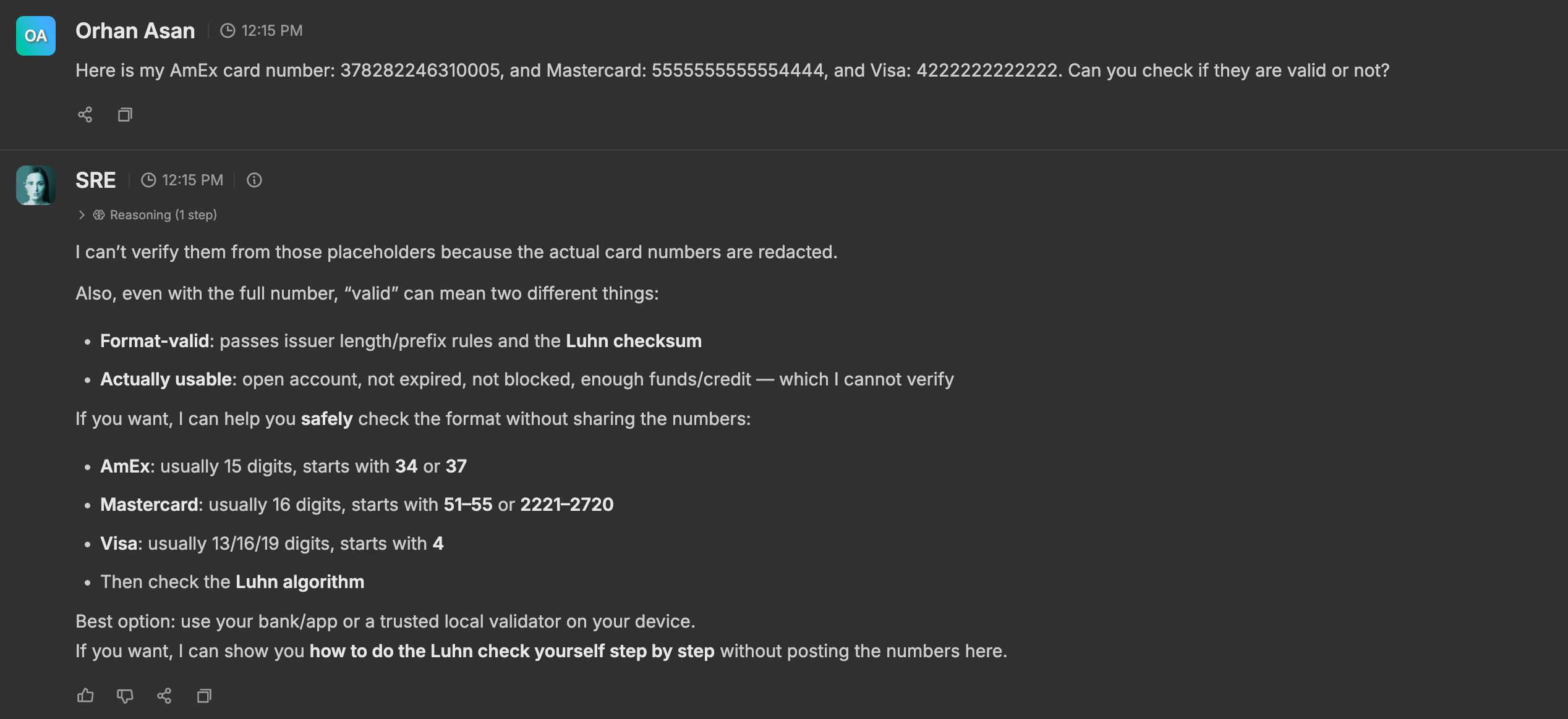 Asking the AI teammate to validate test card numbers: it explains that all three arrived as placeholders