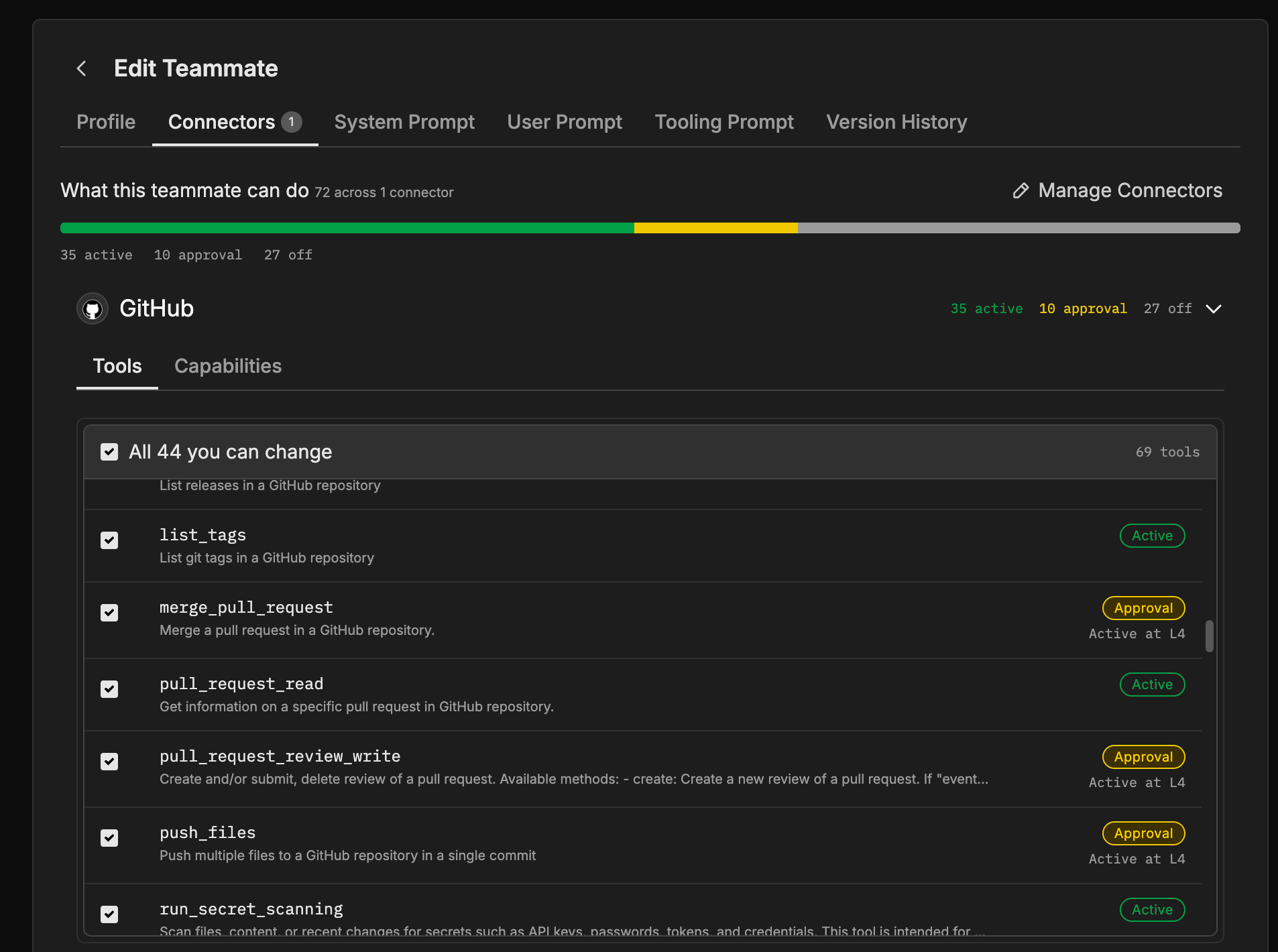 Reviewing a teammate's GitHub tools: each tool carries its own state, with approval-gated writes active at L4 only