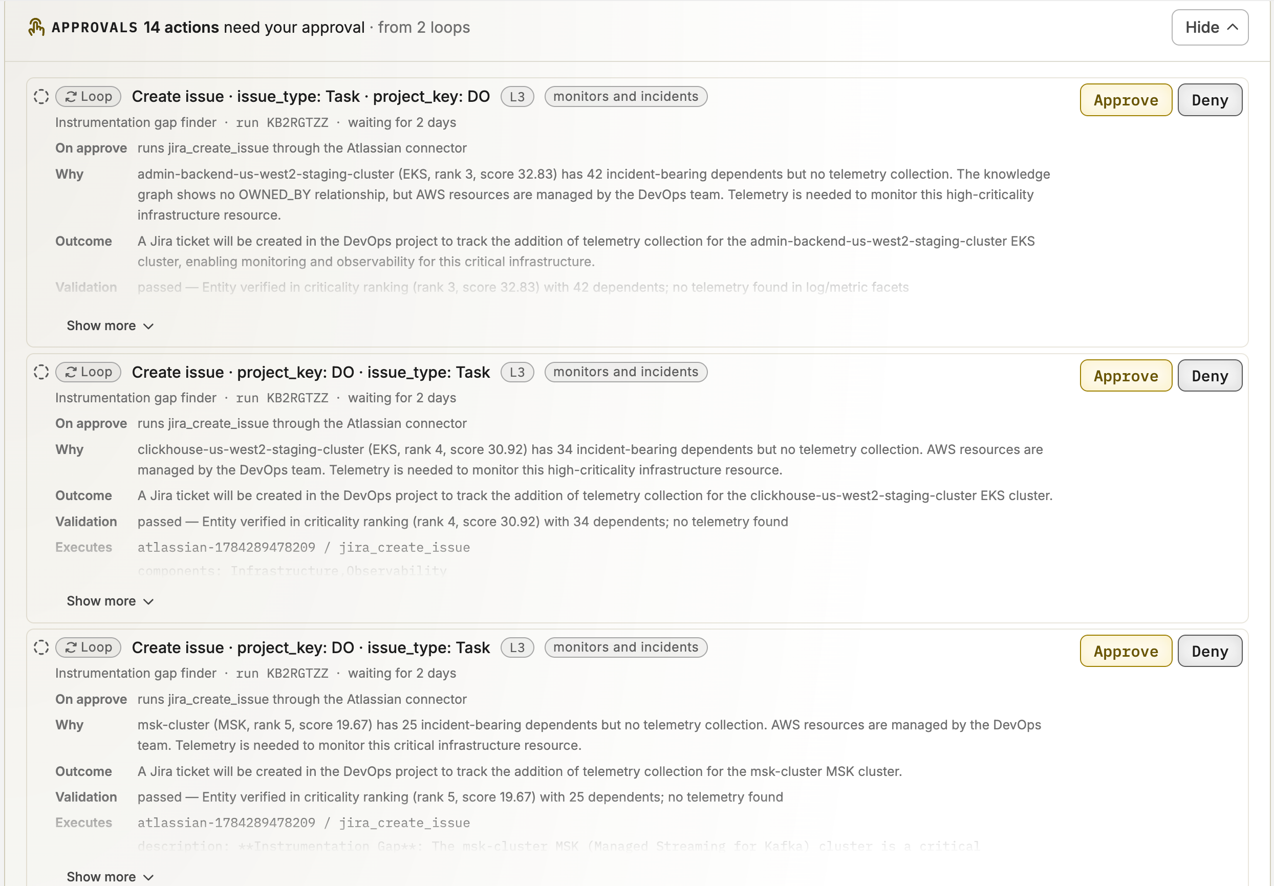 Approvals queue with AI actions waiting for a human, each showing what runs on approve, why, the expected outcome, a passed validation check, and Approve and Deny buttons