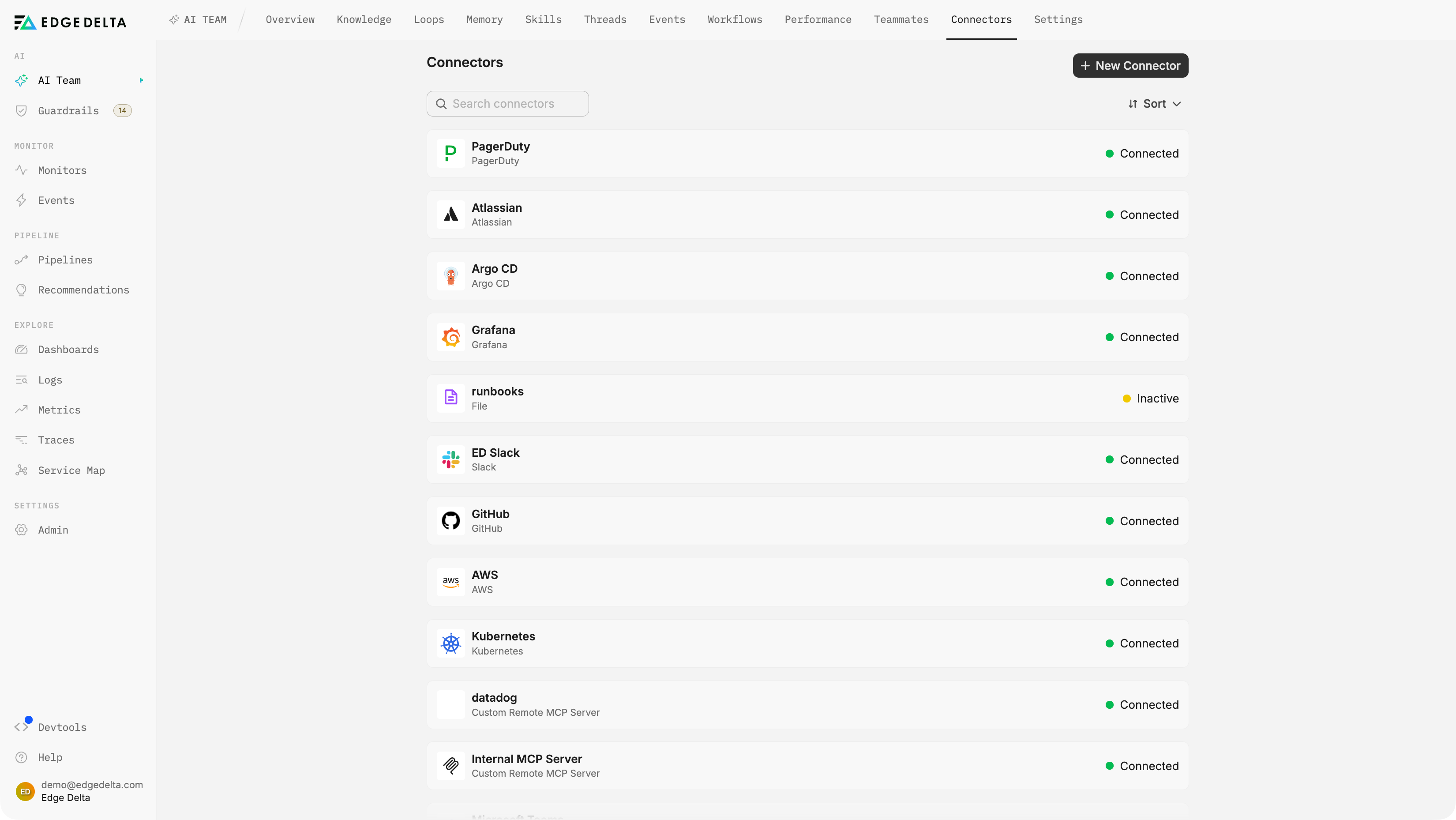 AI Teammates connectors for PagerDuty, Atlassian, Argo CD, Grafana, Slack, GitHub, AWS, Kubernetes, and MCP servers