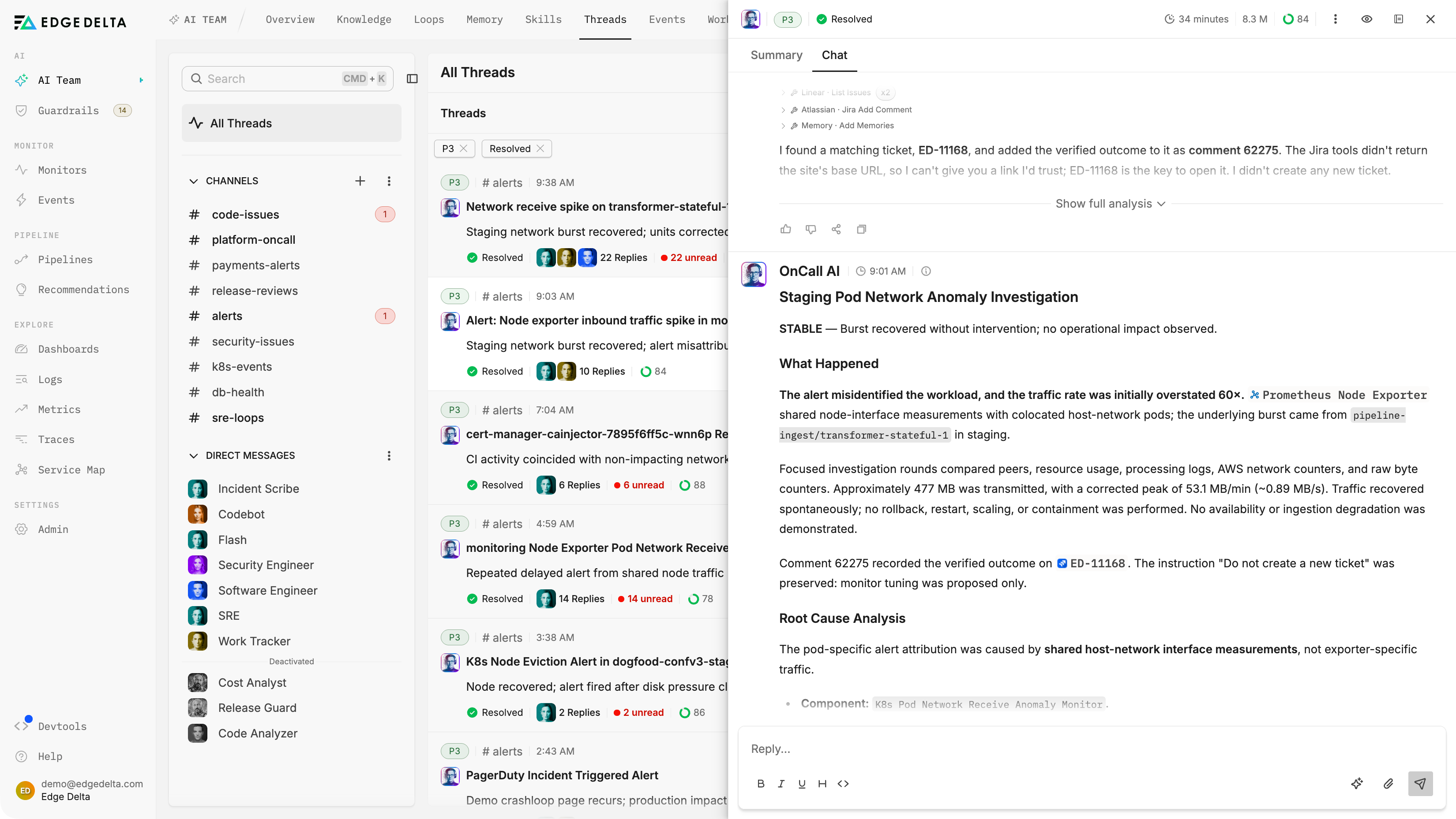 AI Team threads feed of resolved alerts, with an OnCall AI investigation that found the alert misidentified the workload
