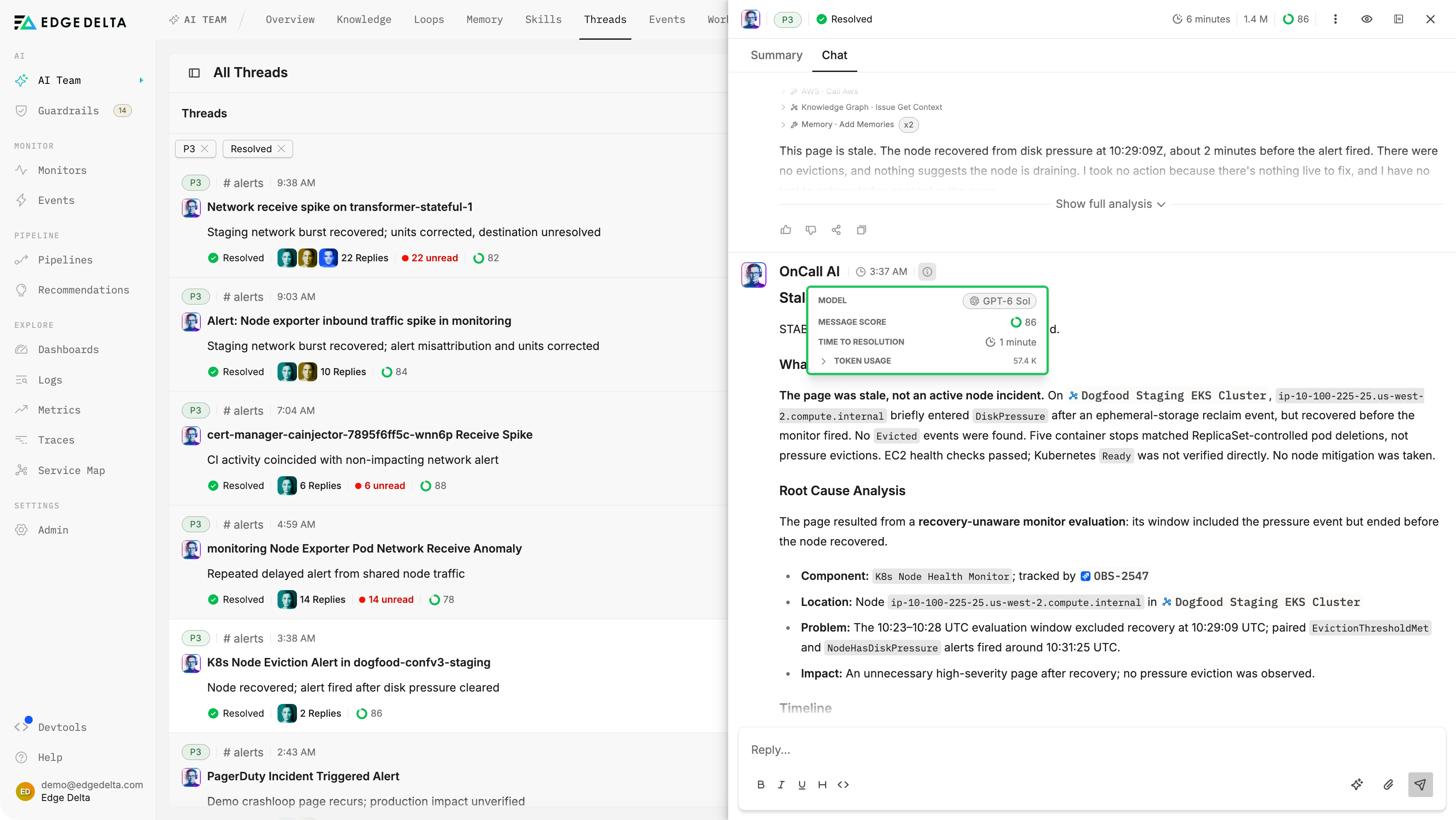 OnCall AI root cause analysis of a stale node eviction alert, with the model, message score, and time to resolution