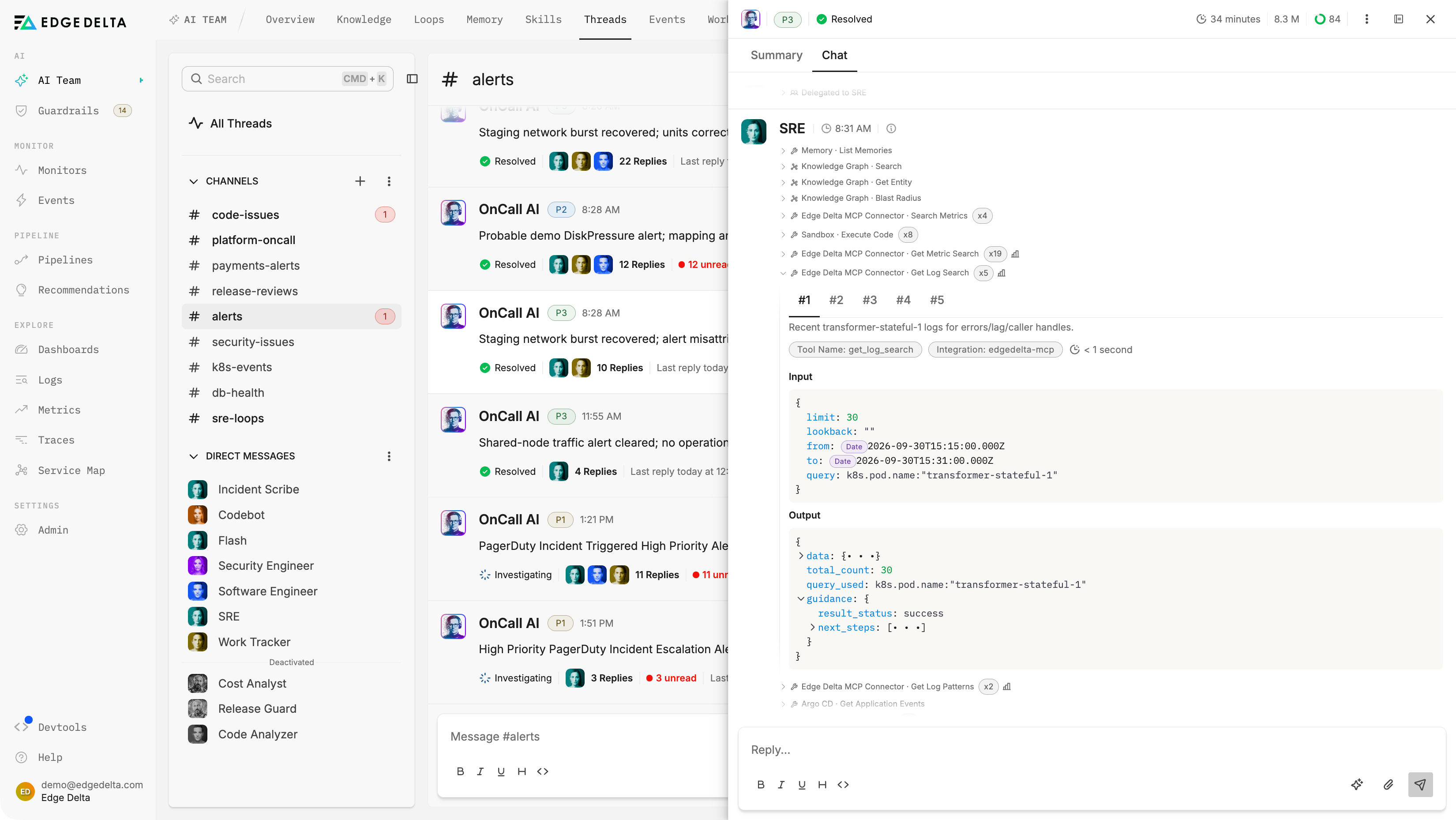 SRE Teammate, delegated by OnCall AI, running knowledge graph lookups and metric and log searches, with a log search on a Kubernetes pod expanded to show its query and result summary