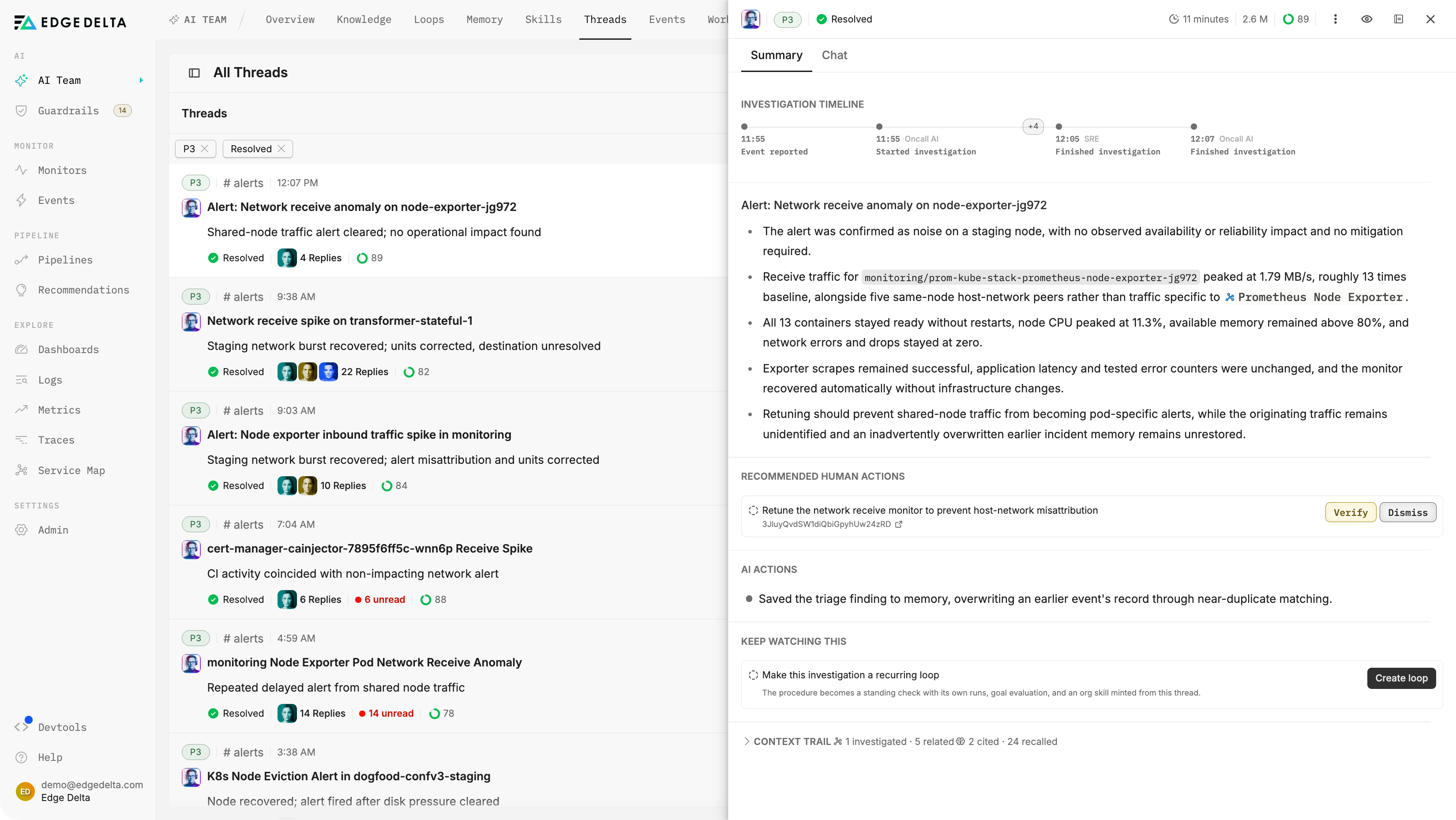 AI Team thread for a network receive anomaly, resolved in 11 minutes: an investigation timeline from event to OnCall AI and SRE findings, a summary confirming the alert as noise, and a recommended monitor fix awaiting approval