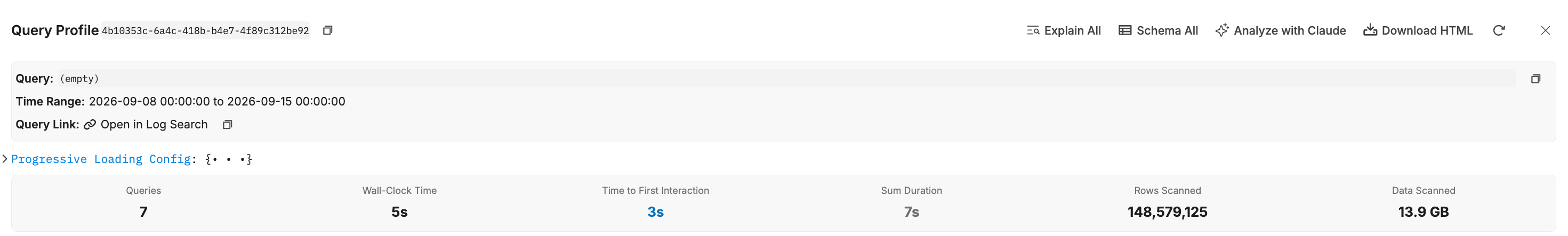 Query profile panel: 7 queries, 5 second wall-clock time, 148.6 million rows scanned, 13.9 GB data scanned