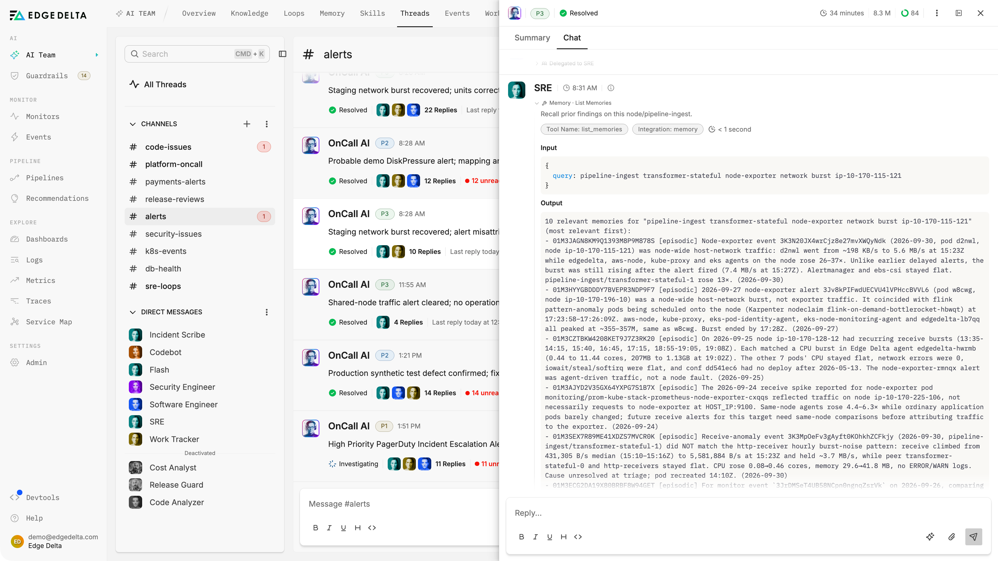 SRE Teammate starting a new investigation by recalling ten prior findings about node-exporter network bursts from memory, each dated and tied to its alert