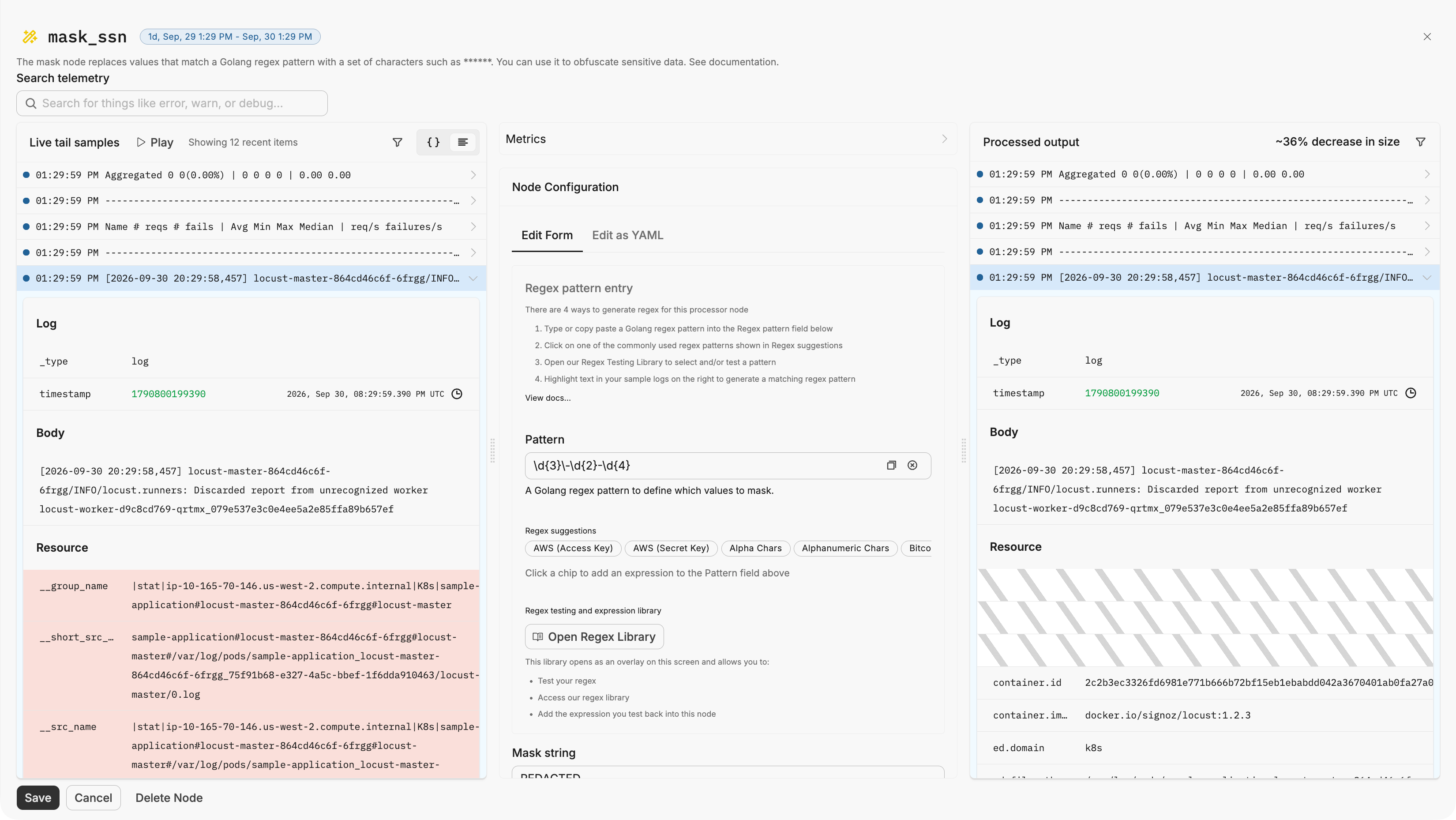 Mask processor editor with live tail samples on the left, the regex mask configuration in the middle, and the processed output on the right showing removed resource fields and a 36% size reduction